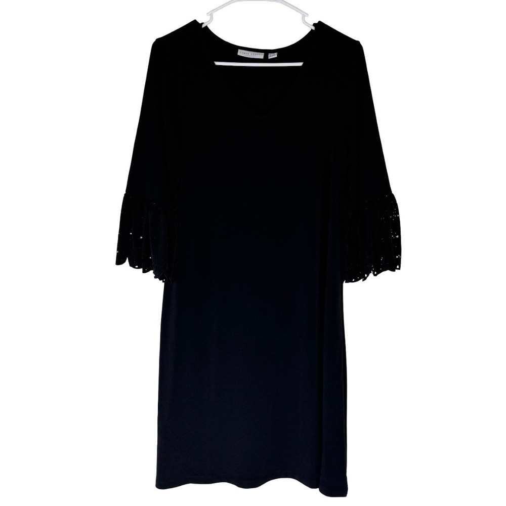 Susan Graver Liquid Knit Dress Womens Petite Small Black Laser Cut Bell Sleeve